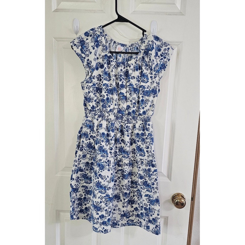 Wonder Nation Blue White Floral Toile Smocked Waist Tiered Dress Girls XXL 18